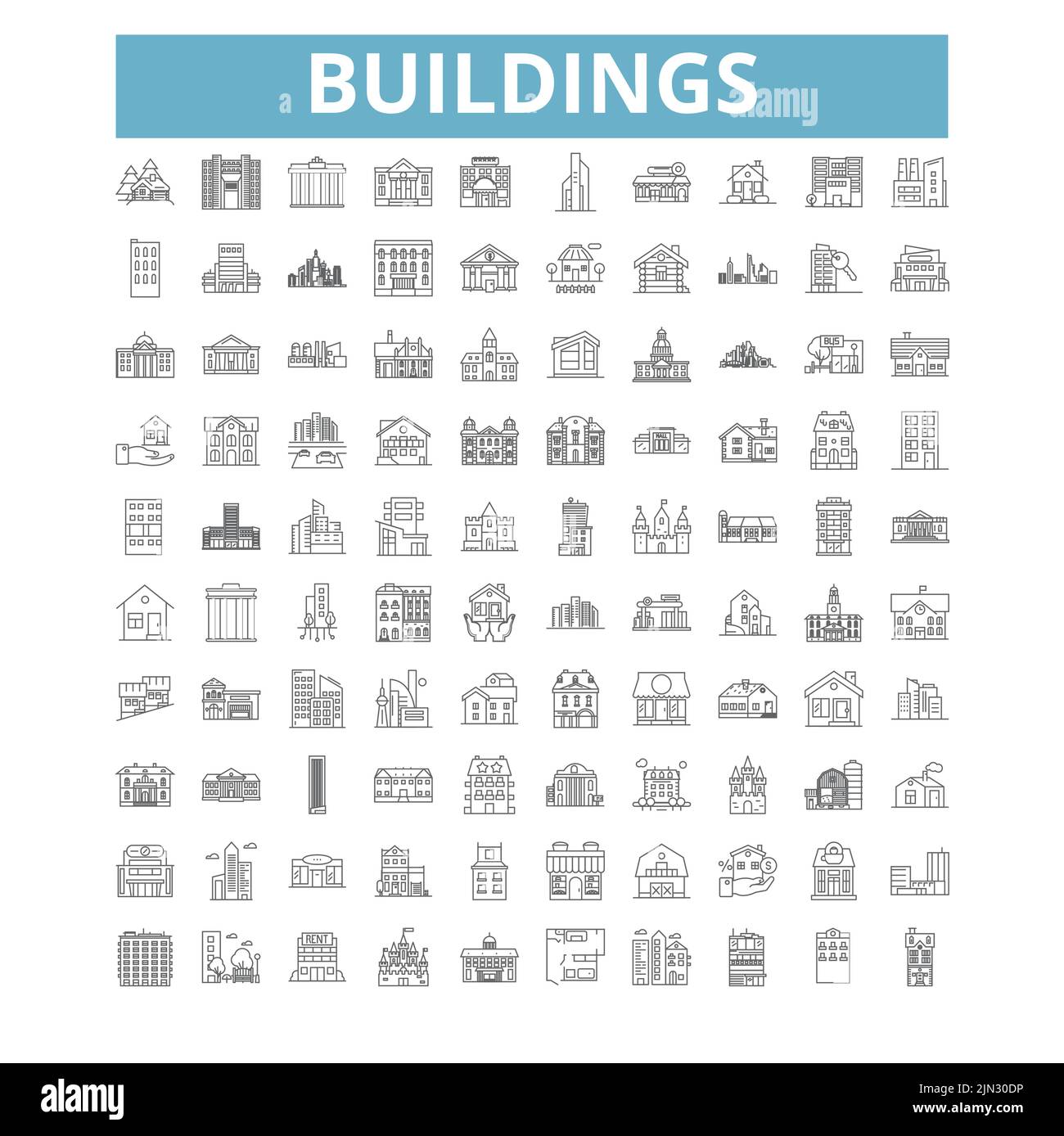 Buildings icons, line symbols, web signs, vector set, isolated ...