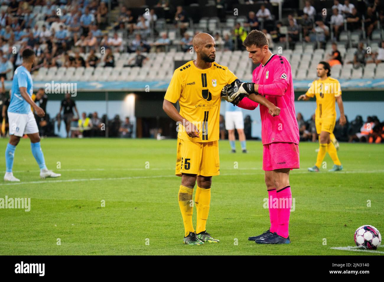 Malmoe, Sweden. 04th, August 2022. Goalkeeper Lucas Fox (1) and Jules ...
