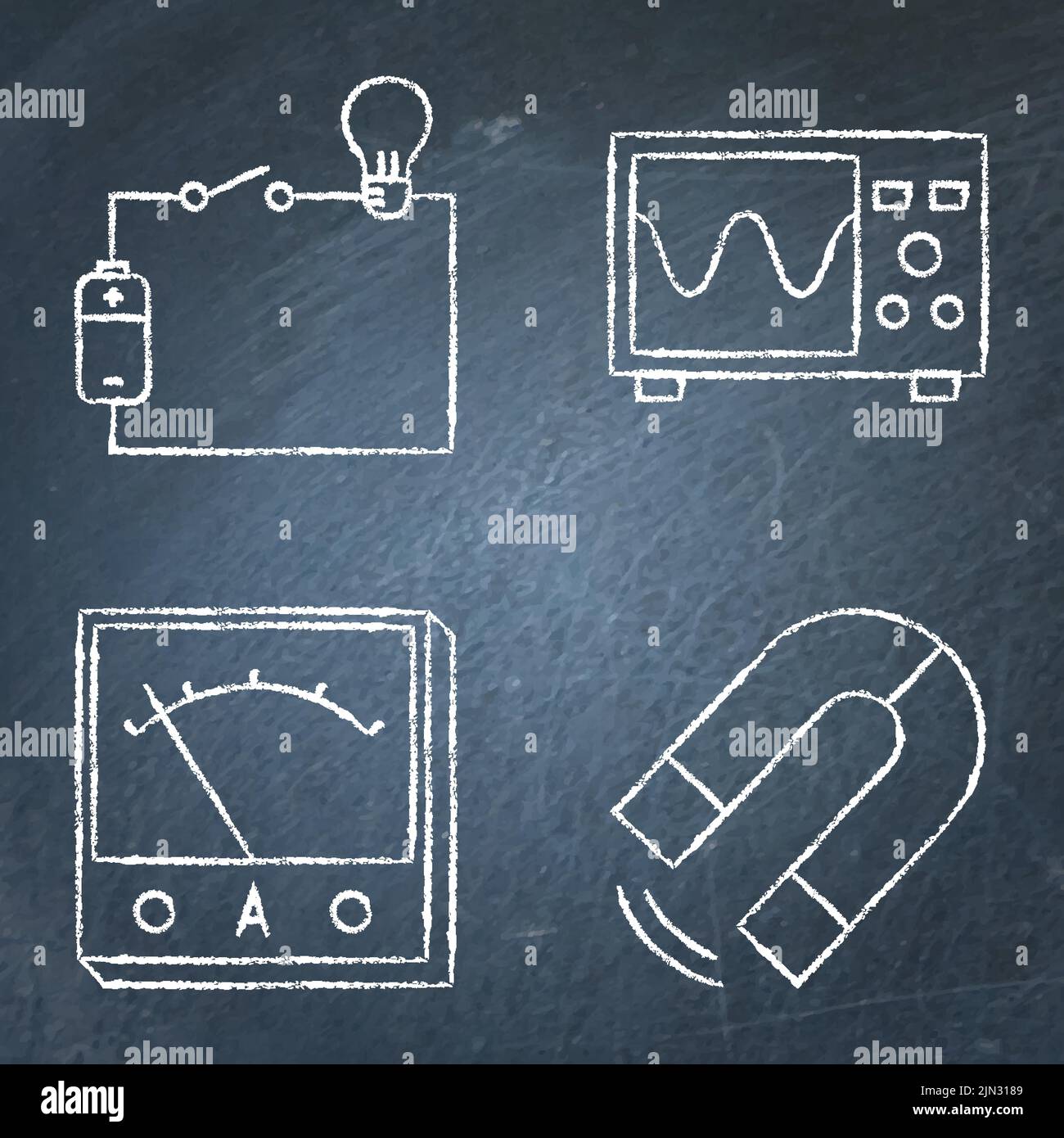 Physics icon set on chalkboard. Electric circuit scheme, magnetic force, ammeter and oscilloscope symbols. Vector illustration. Stock Vector