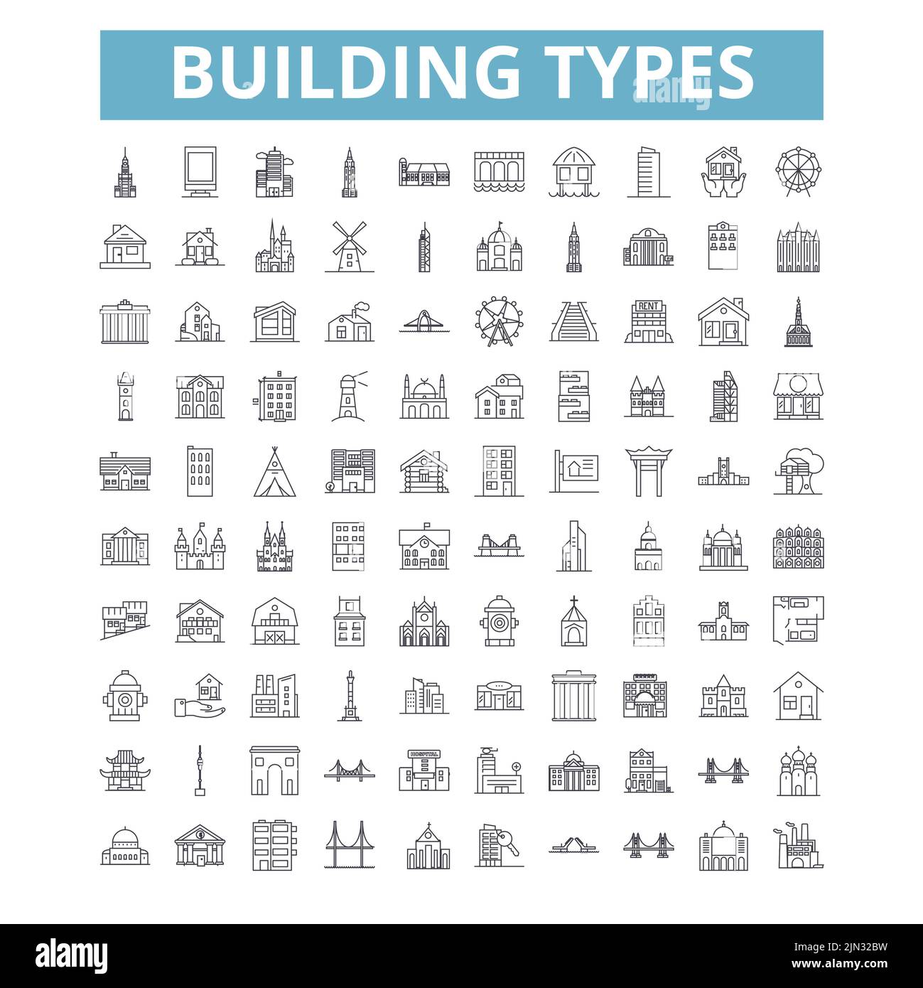 Building types icons, line symbols, web signs, vector set, isolated ...