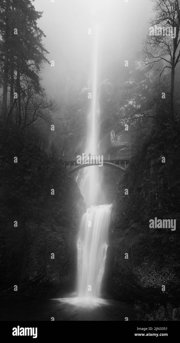 A vertical shot of Multnomah Falls with smooth water from long exposure effect, grayscale Stock Photo