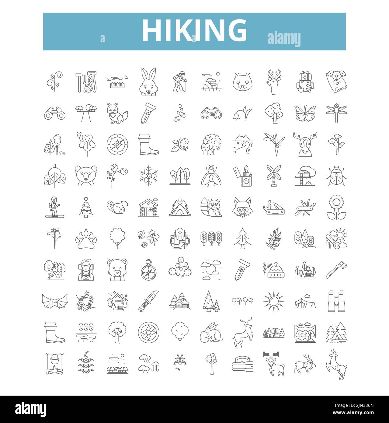 Hiking icons, line symbols, web signs, vector set, isolated