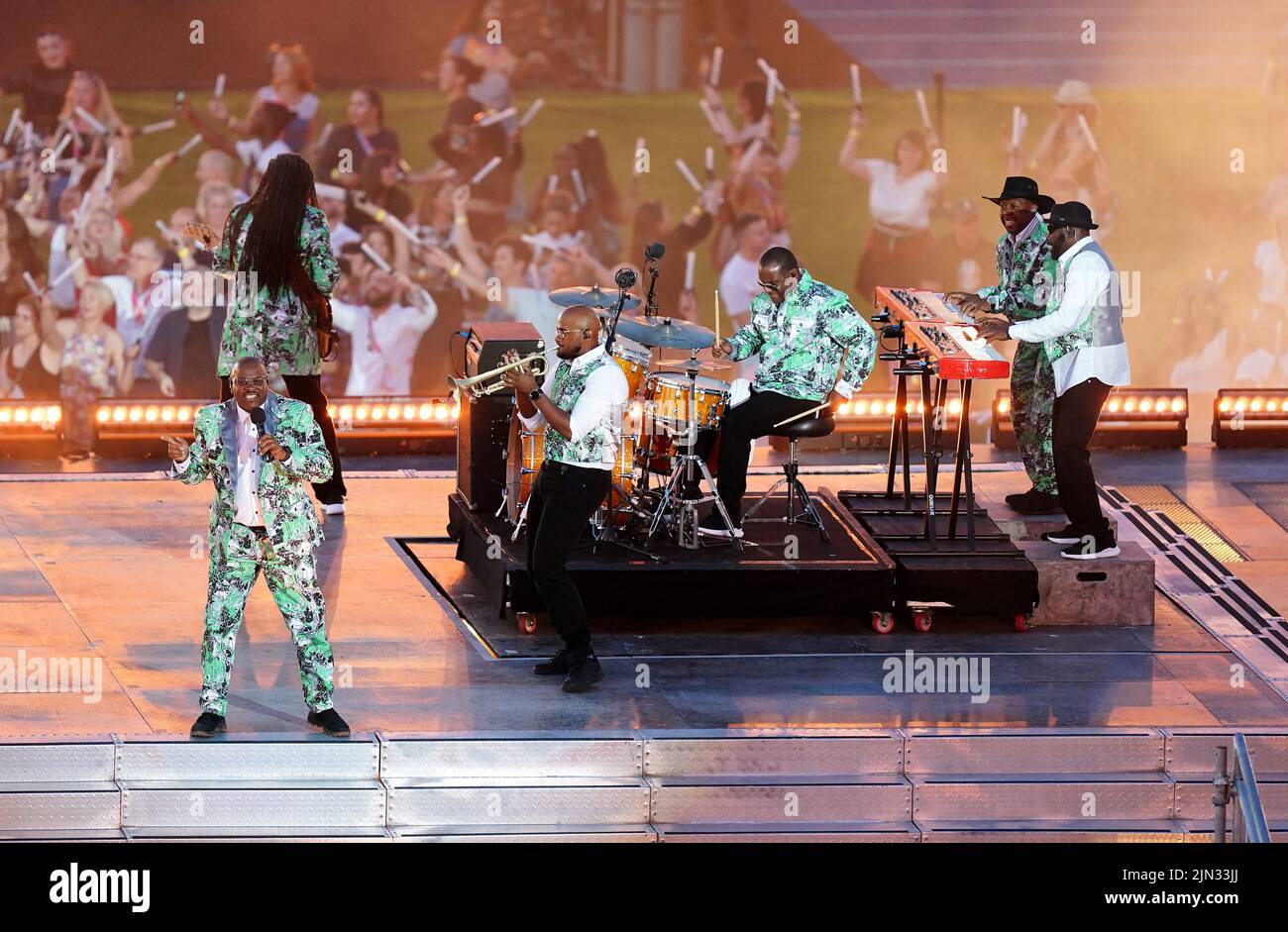 Musical Youth perform on stage during the Closing Ceremony for the 2022 Commonwealth Games at the Alexander Stadium in Birmingham. Picture date: Monday August 8, 2022. Stock Photo