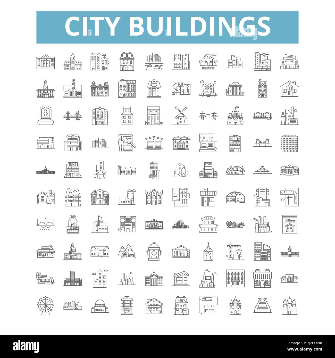 City Buildings Icons Line Symbols Web Signs Vector Set Isolated