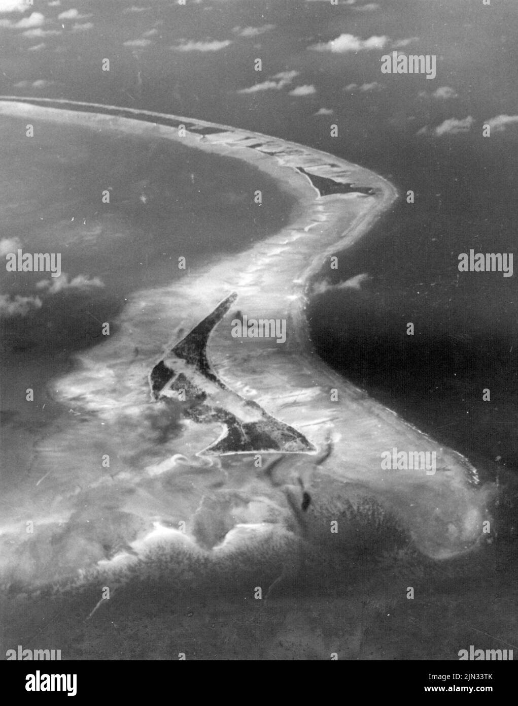 Aerial view of Betio Island, Tarawa Atoll before invasion of the island by U.S. Marines in November 1943. The landings on Tarawa were part of the US offensive against the Pacific Islands held by Japan before preparing for an assault on the Japanese mainland. Stock Photo
