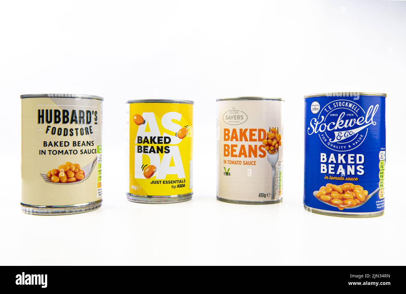 Low Priced Baked Beans  brands from Tesco, Morrisons, Sainsburys and Asda on a white background Stock Photo