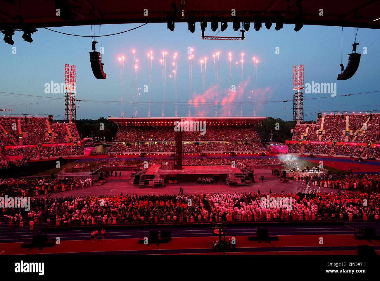 Fireworks light up the show during the Closing Ceremony for the 2022 Commonwealth Games at the Alexander Stadium in Birmingham. Picture date: Monday August 8, 2022. Stock Photo