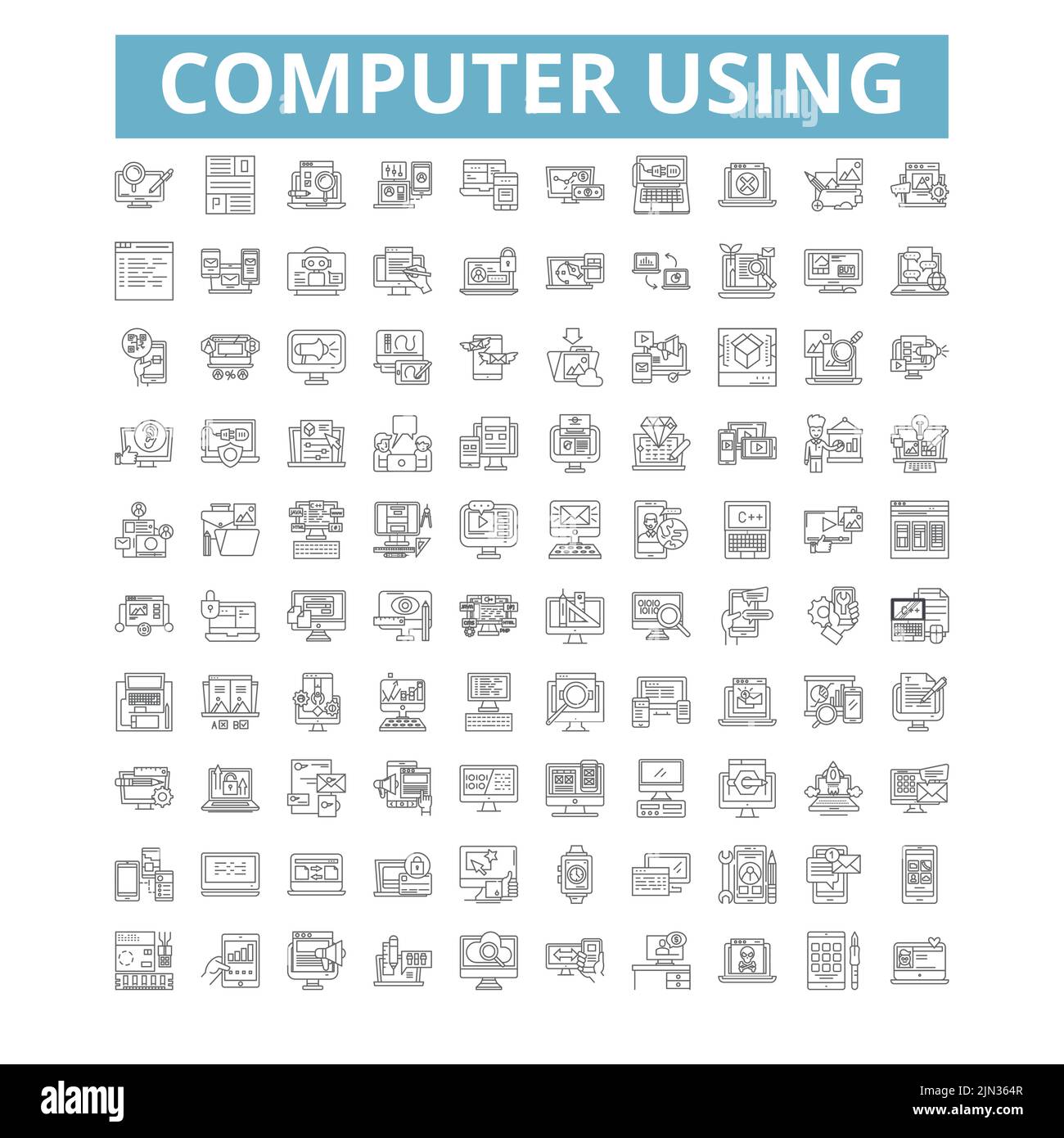 Computer using icons, line symbols, web signs, vector set, isolated