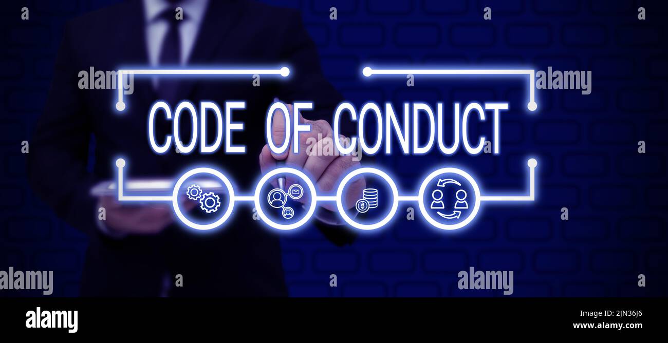 Text sign showing Code Of Conduct. Business approach Ethics rules moral codes ethical principles values respect Businessman in suit holding open palm Stock Photo