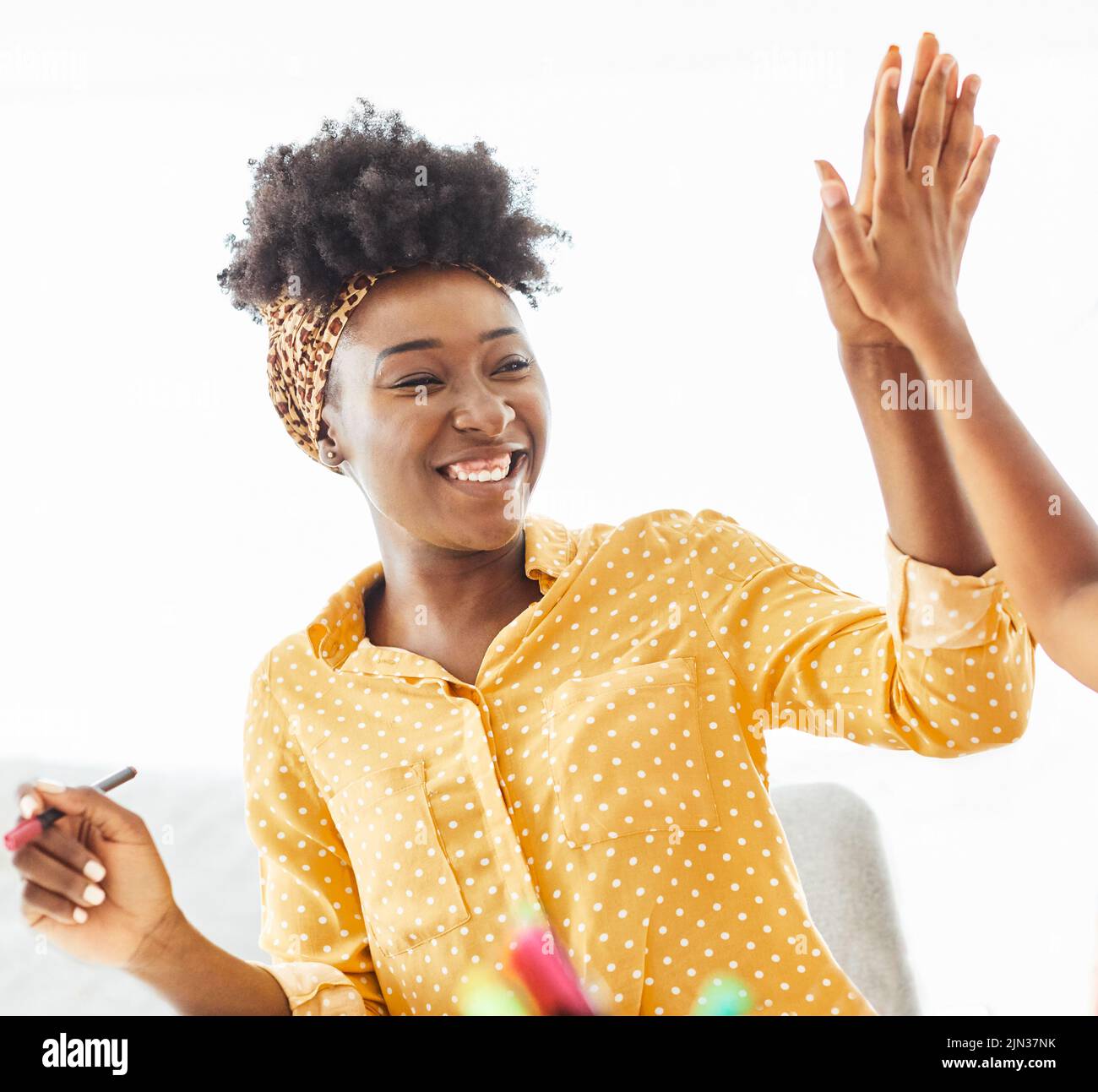 woman portrait business team success businesswoman office young high five student black african american celebrating happy Stock Photo