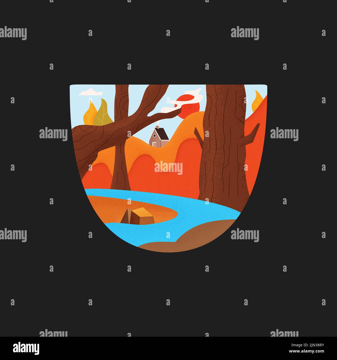 Flat style bright colorful vector illustration of graphic emblem and t shirt design with blue river flowing through forested mountains. Stock Vector