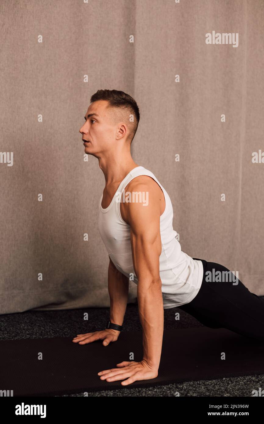 Young handsome athlete pushups from the floor at home Stock Photo Alamy