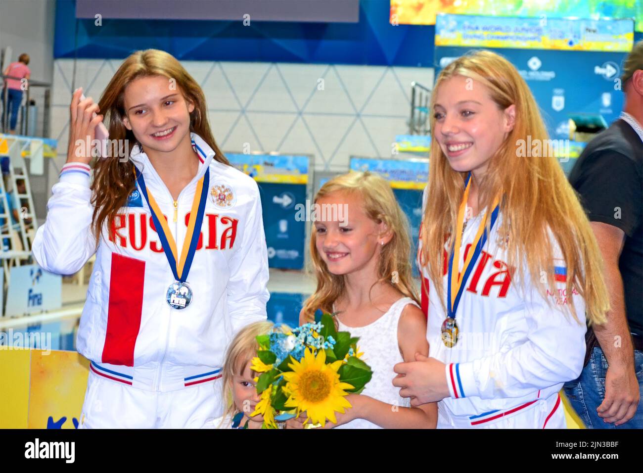 FINA World Junior Diving Championships (FINA Diving Youth Olympic Games Qualification Tournament) in Kiev, Ukraine. . smiling Russian sport command. Stock Photo