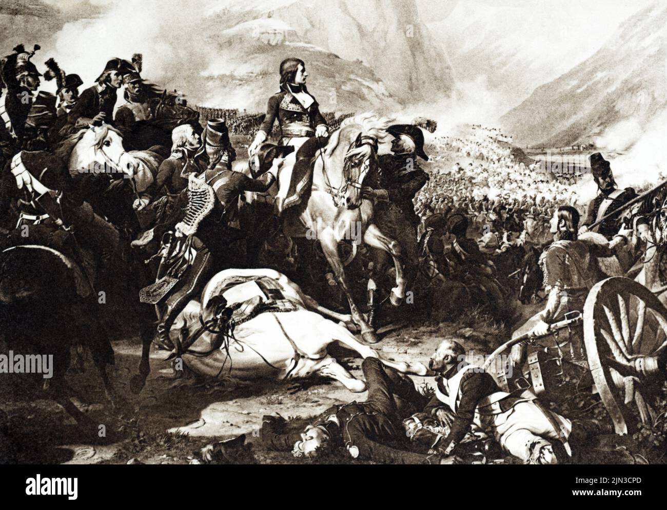 A black and white verson of 'Napoleon at the Battle of Rivoli' by Henri-Emmanuel Philippoteaux. Mounted Napoleon gives orders  during the Battle of Rivoli (14th-15th January 1797) where the French won a decisive victory over the Austrians. Taken from postcard c.1910s. Stock Photo