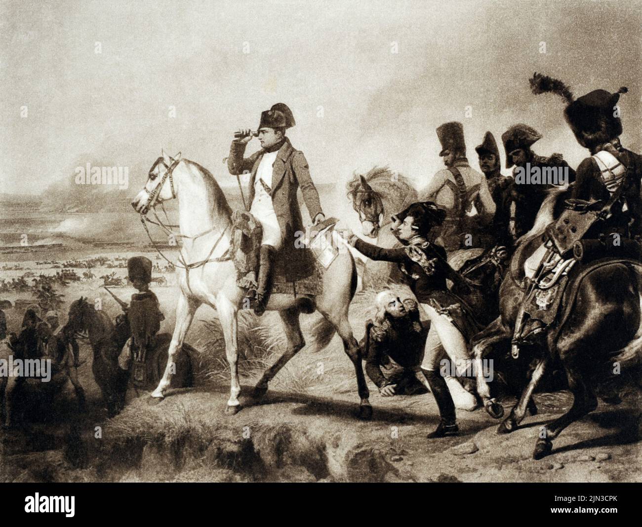 A black and white verson of Horace Vernets 'Battle of Wagram'. Mounted Napoleon gives orders during the Battle of Wagram (6th July 1809) where the French won a decisive victory over the Austrians. Taken from postcard c.1910s. Stock Photo