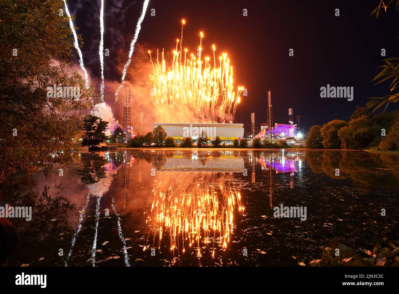 A view of the fireworks seen from outside during the Closing Ceremony for the 2022 Commonwealth Games at the Alexander Stadium in Birmingham. Picture date: Monday August 8, 2022. Stock Photo