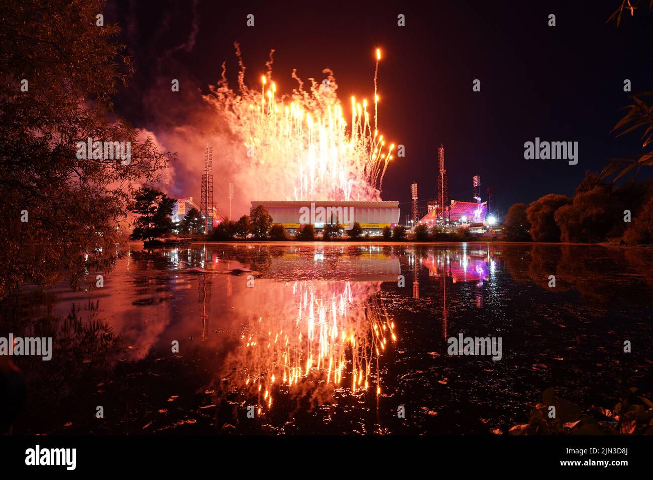 A view of the fireworks seen from outside during the Closing Ceremony for the 2022 Commonwealth Games at the Alexander Stadium in Birmingham. Picture date: Monday August 8, 2022. Stock Photo