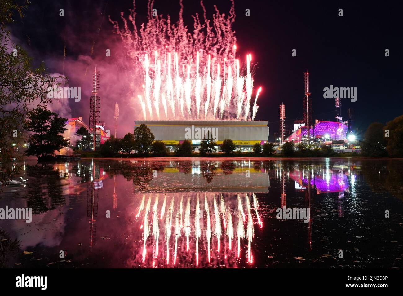 A view of the fireworks seen from outside during the Closing Ceremony