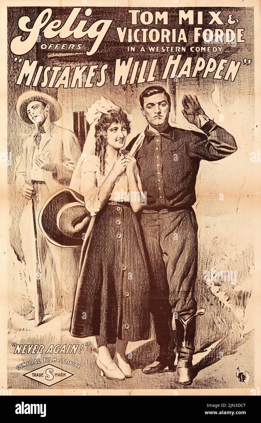 Selig - Tom Mix & Victoria Forde - Mistakes Will Happen (Selig: General Film, 1916). Old movie poster Stock Photo