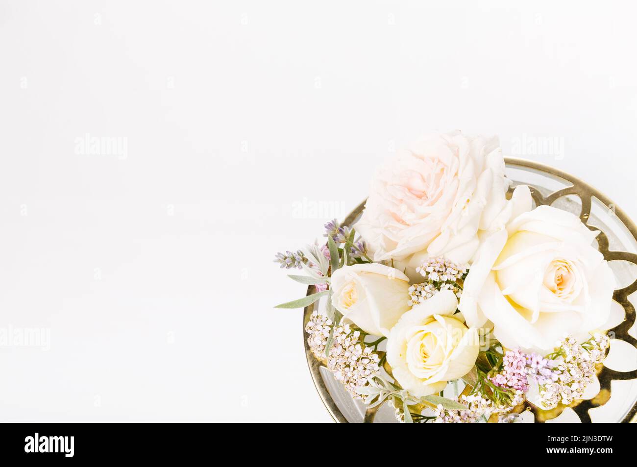 Composition work from pink roses on white background. Flat lay. Top view Stock Photo