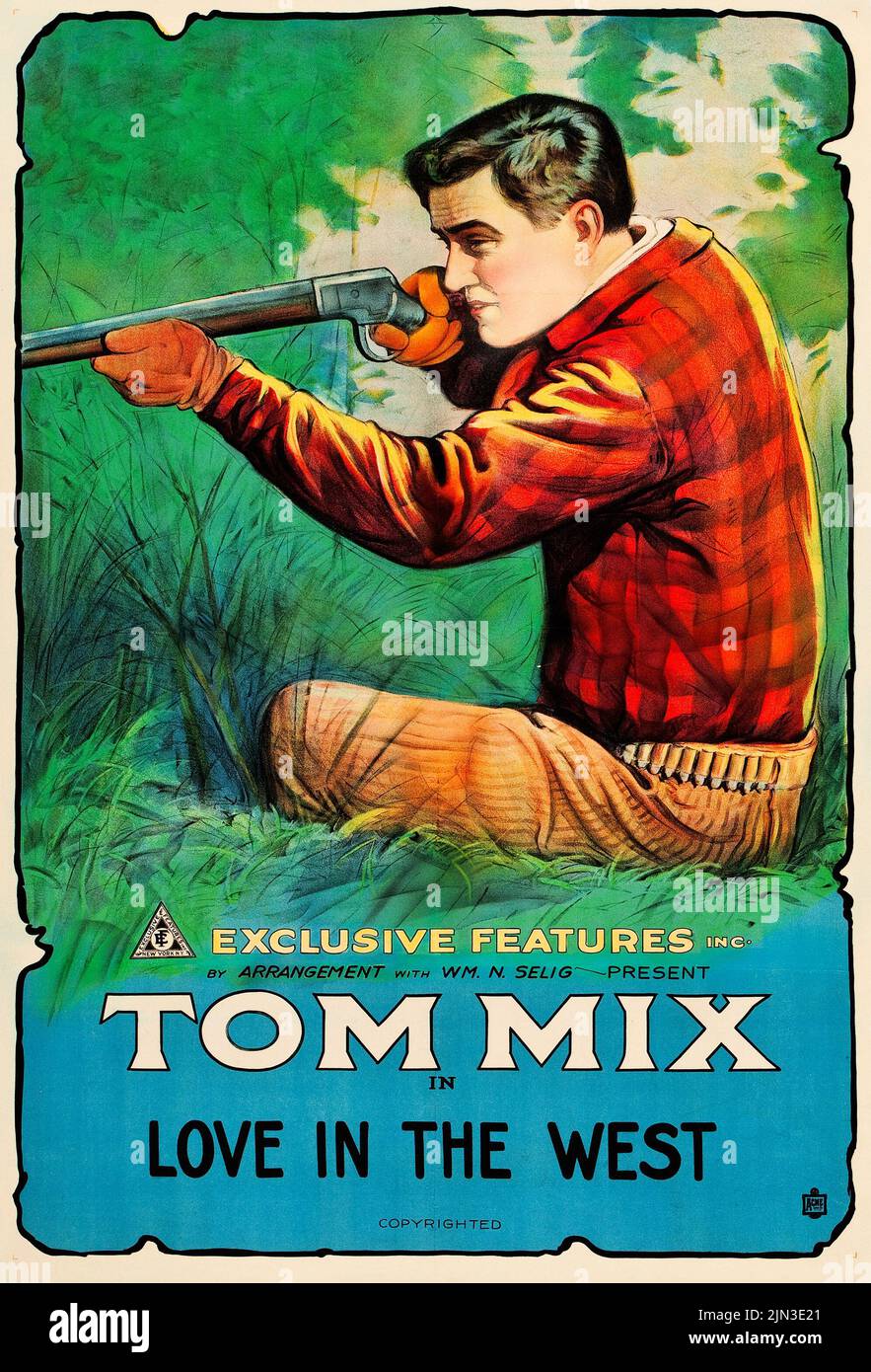 Tom Mix - Love in the West (Exclusive Features, Inc., R-Early 1920s) Vintage film poster Stock Photo