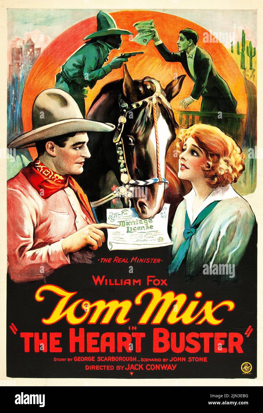 Vintage movie poster for the American comedy western film The Heart Buster (1925) starring Tom Mix Stock Photo