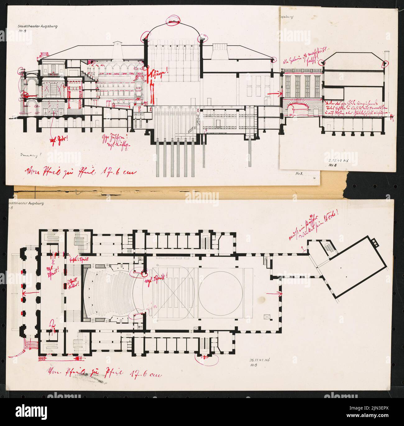 Stadttheater, Augsburg: floor plan and longitudinal section Stock Photo ...