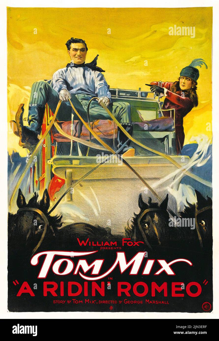 A Ridin' Romeo (Fox, 1921). Vintage film poster. Tom Mix wrote and starred in the story of Jim Rose Stock Photo