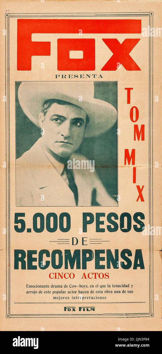 Tom Mix $5,000 Reward (Fox Film, 1920s). Argentinean poster. Stock Photo