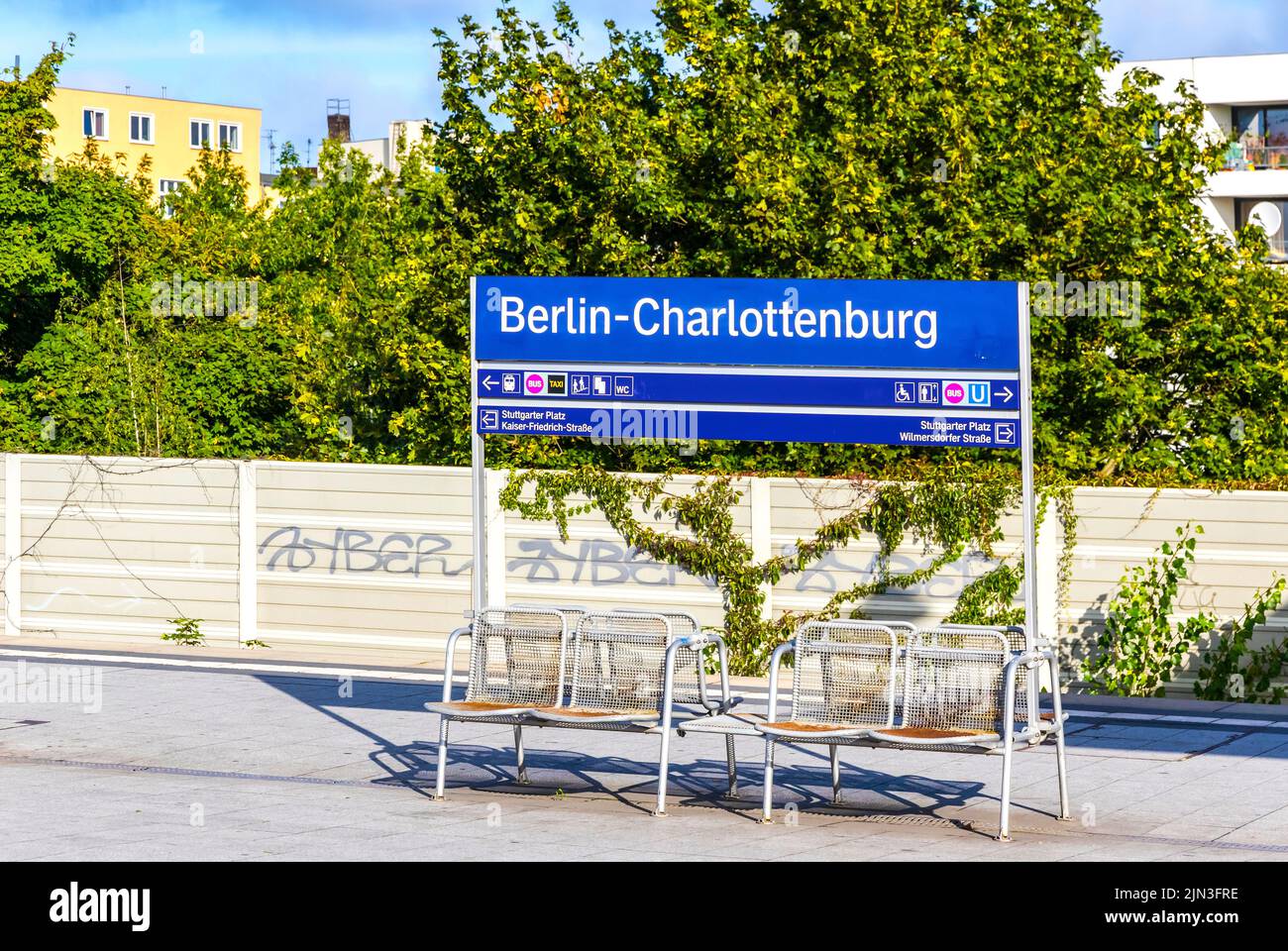Berlin, Germany - September 15, 2019: Berlin-Charlottenburg stop sign ot the platform of S-Bahn railway station in Charlottenburg district of Berlin Stock Photo