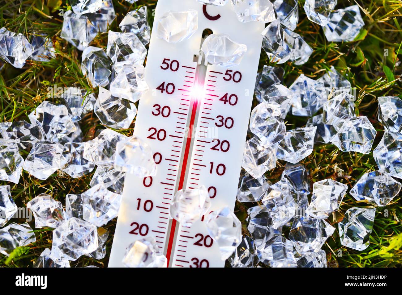 Thermometer Surrounded By Ice Cubes, Symbol Photo Heat Wave Stock Photo