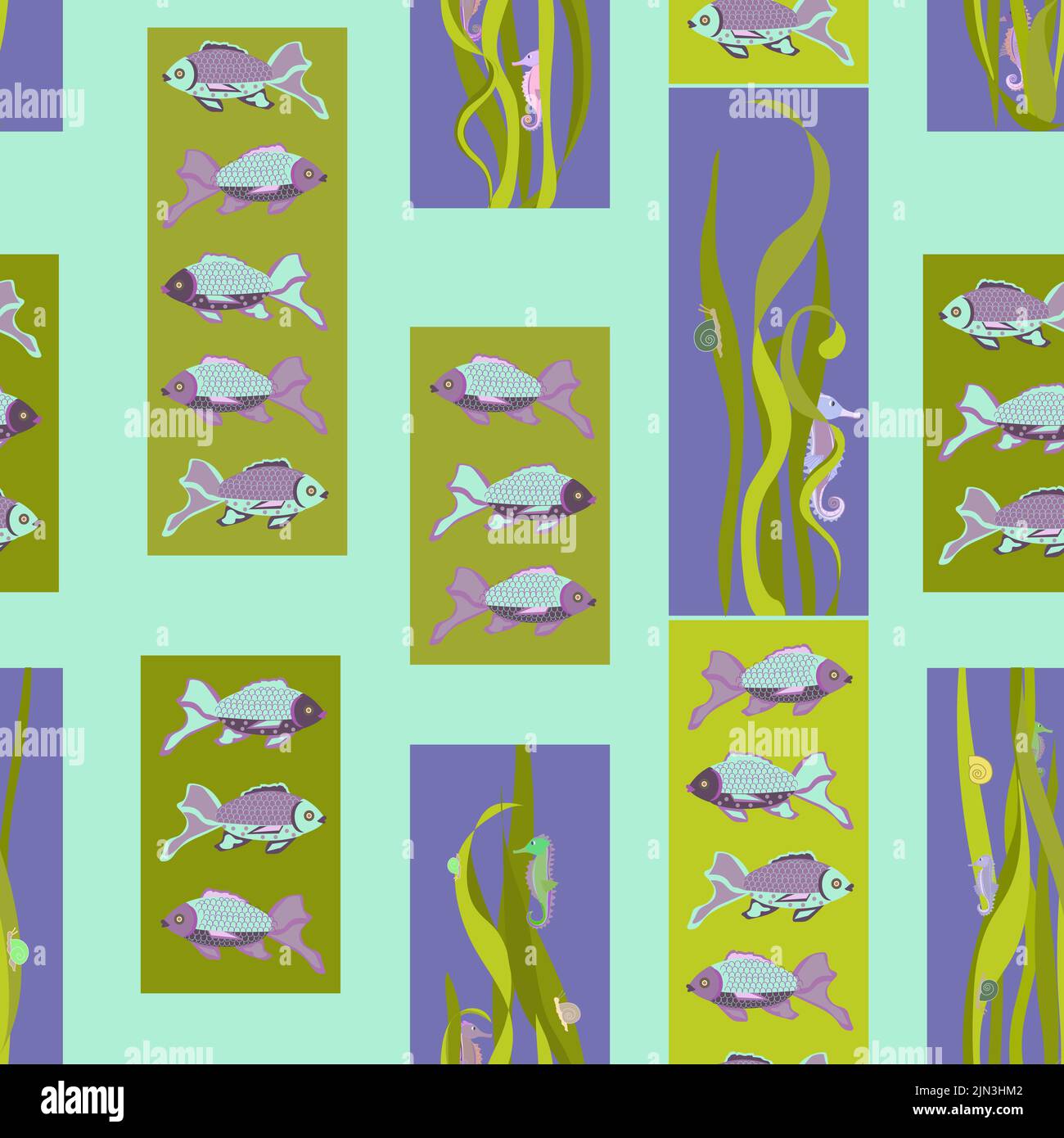 a pattern on a blue background of colorful fish and seahorses in algae Stock Vector