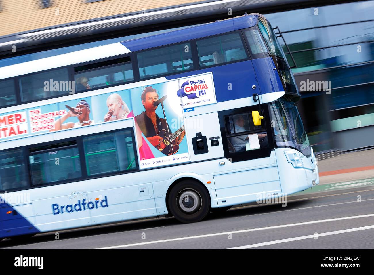 A First Bus Company double decker bus seen in Leeds City Centre Stock Photo