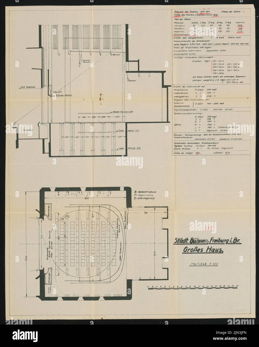 Stage Section View Stadttheater, Freiburg: stage floor plan and stage longitudinal section ...