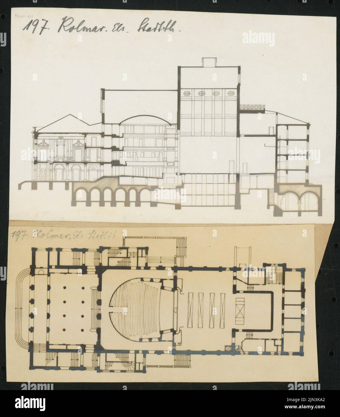 City theater, Kolmar: floor plan and longitudinal section Stock Photo ...