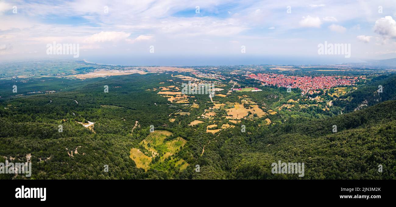 aerial panorama of Leptokaria and Litochoro from Mount Olympus. High quality photo Stock Photo