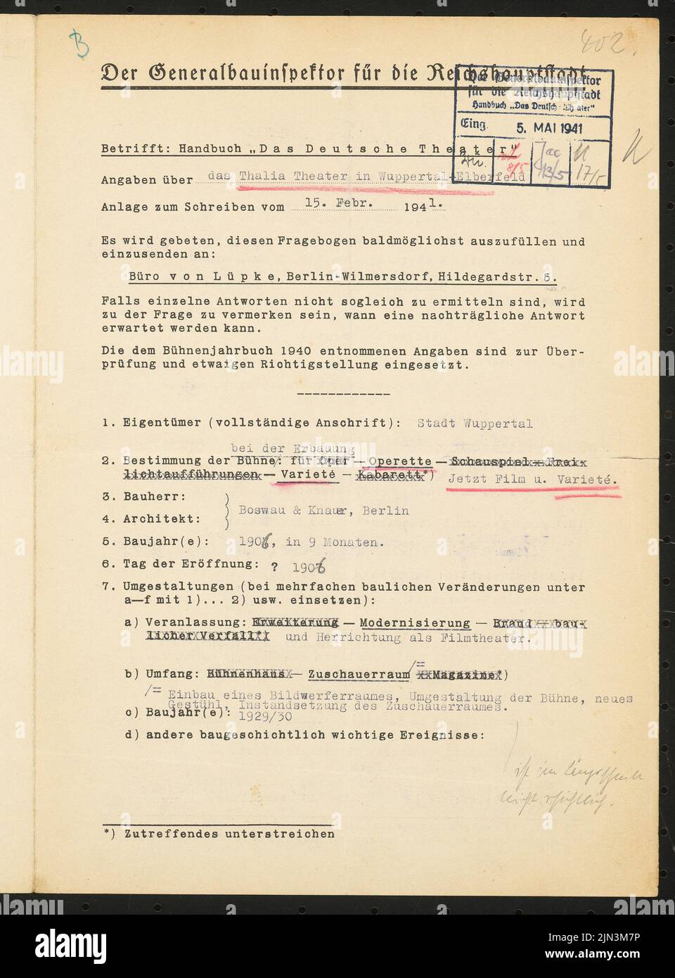 Boswau & Knauer (as an architect) ThaliaTheater, Elbersfeld Stock