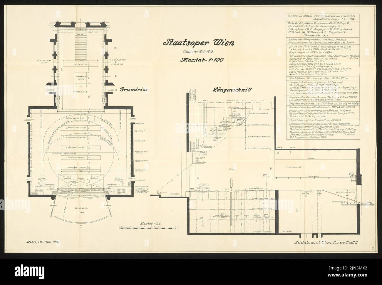 Imperial-Königlich Hof-Operntheater (also: Vienna State Opera), Vienna: stage floor plan and stage longitudinal section 1: 100 Stock Photo