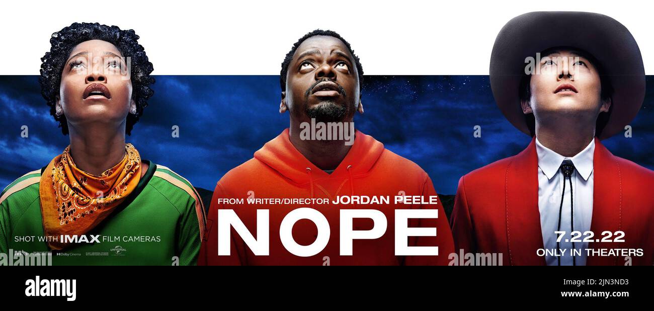 NOPE, US IMAX banner poster, from left: Keke Palmer, Daniel Kaluuya, Steven Yeun, 2022. © Universal Pictures / courtesy Everett Collection Stock Photo