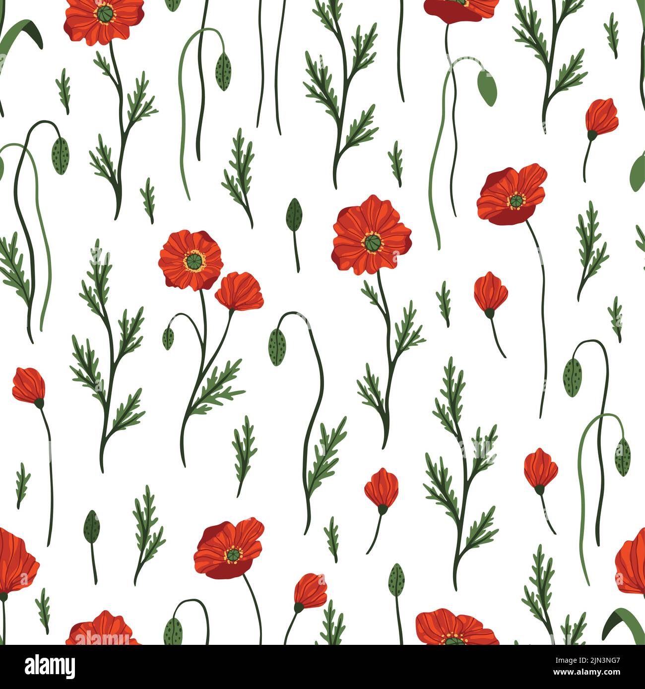 Red poppy florals and garden flowers. Seamless pattern illustration.hand drawn style ,Design for fashion ,fabric,wallpaper, prints Stock Vector