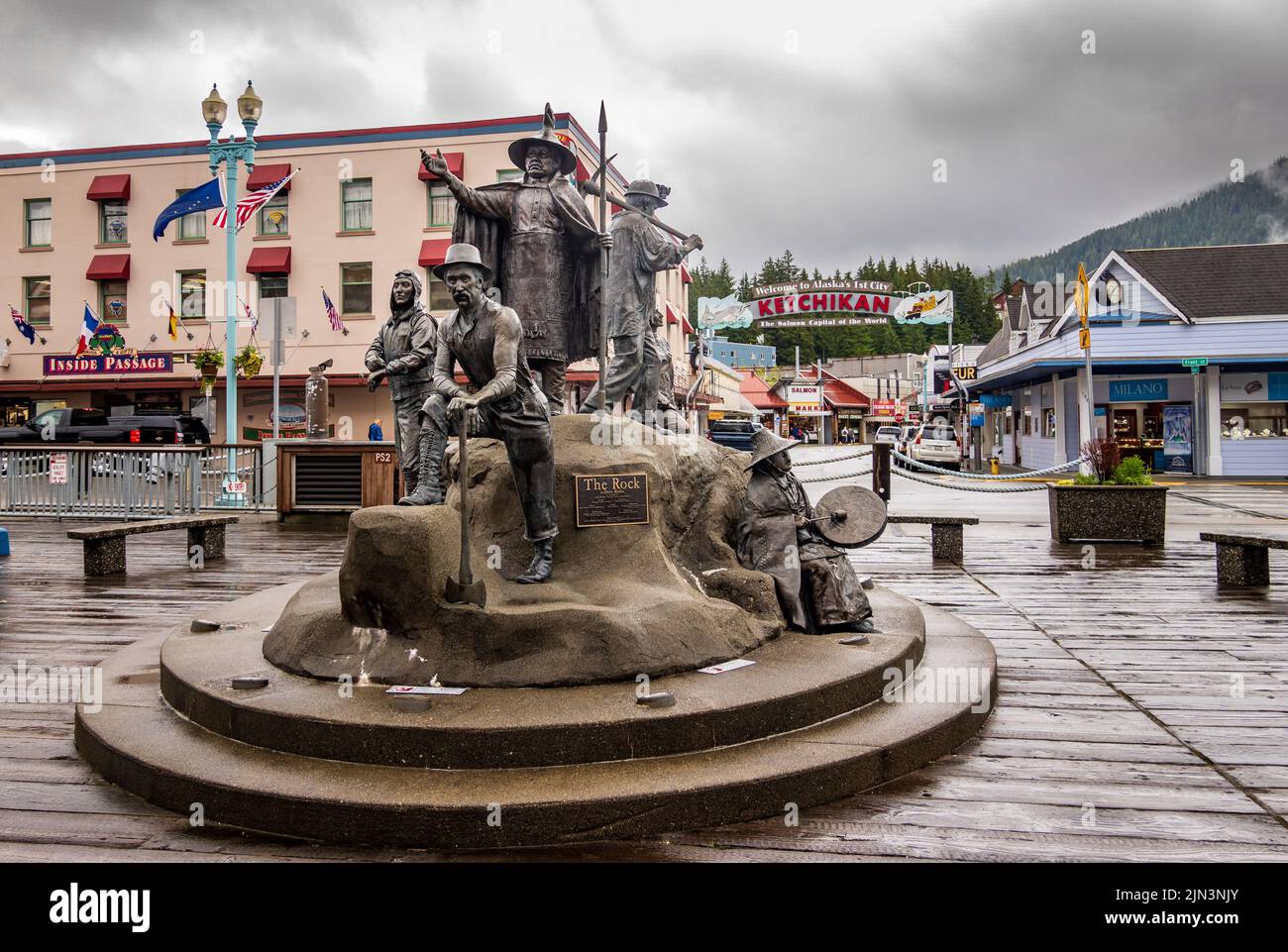 Ketchikan, AK - 10 June 2022: Statue to pioneers called The Rock in Ketchikan Alaska Stock Photo