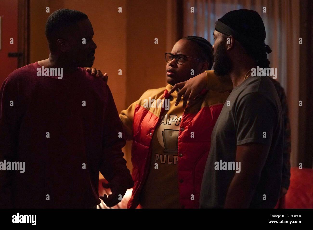 THE CHI, from left: Jason Weaver, Shamon Brown Jr., Luke James, We Don't Have to Take Our Clothes Off', (Season 5, ep. 505, aired July 17, 2022). photo: Elizabeth Sisson / ©Showtime / Courtesy Everett Collection Stock Photo