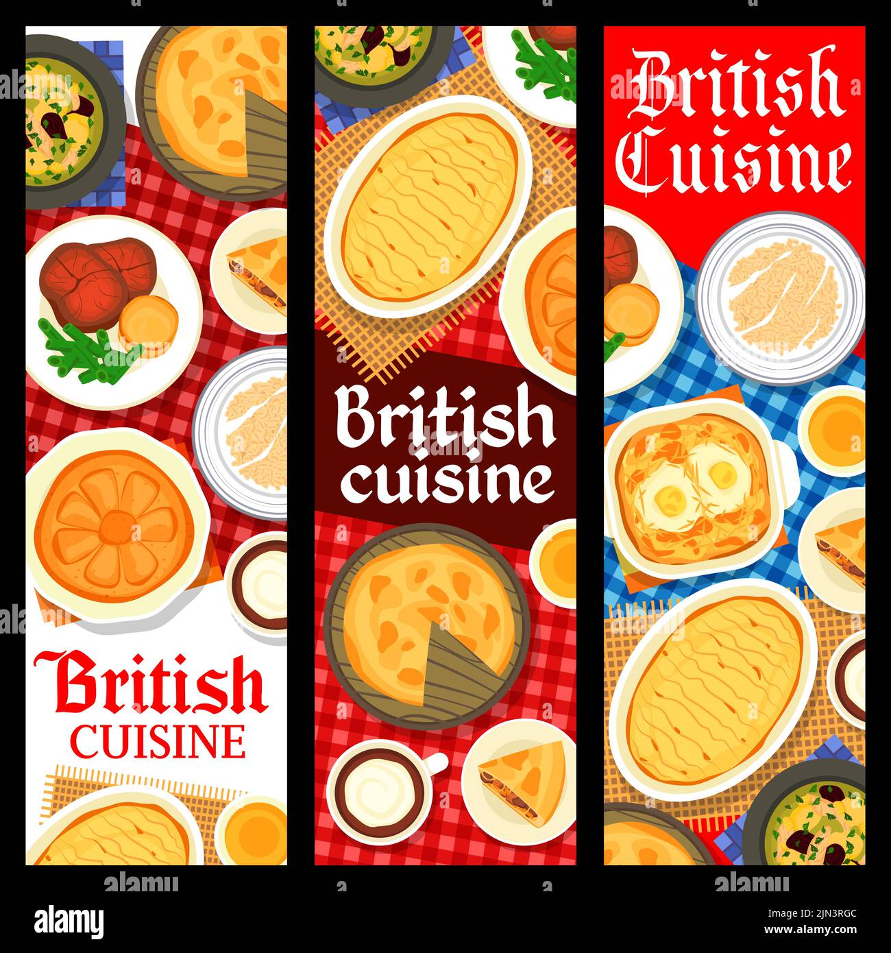 British cuisine food, English dishes, breakfast and lunch meals, vector restaurant menu banners. Traditional British porridge with Irish cake, dinner roast beef with Shepherd pie and chicken soup Stock Vector