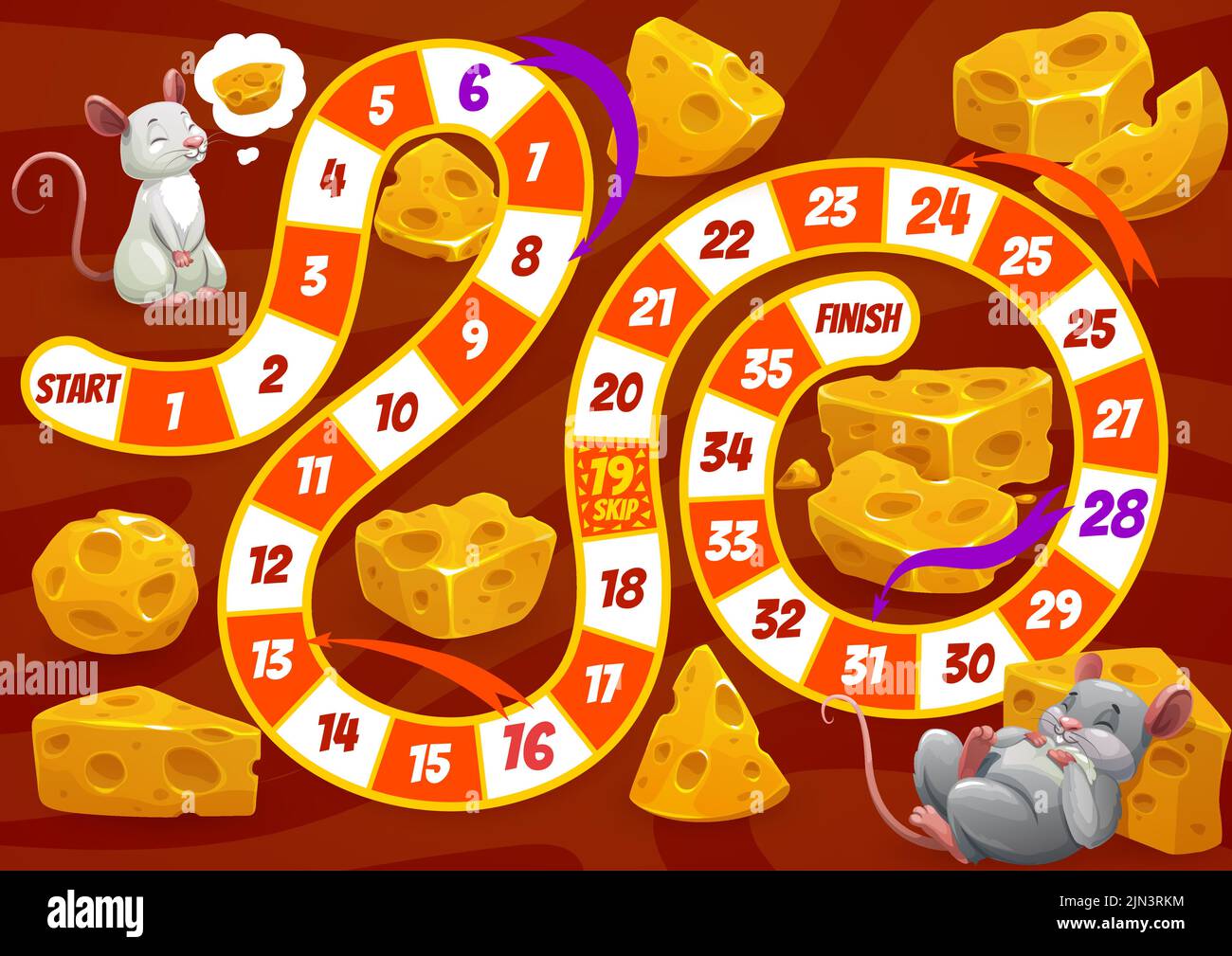 Kids board game worksheet, cartoon mouse with cheese, vector