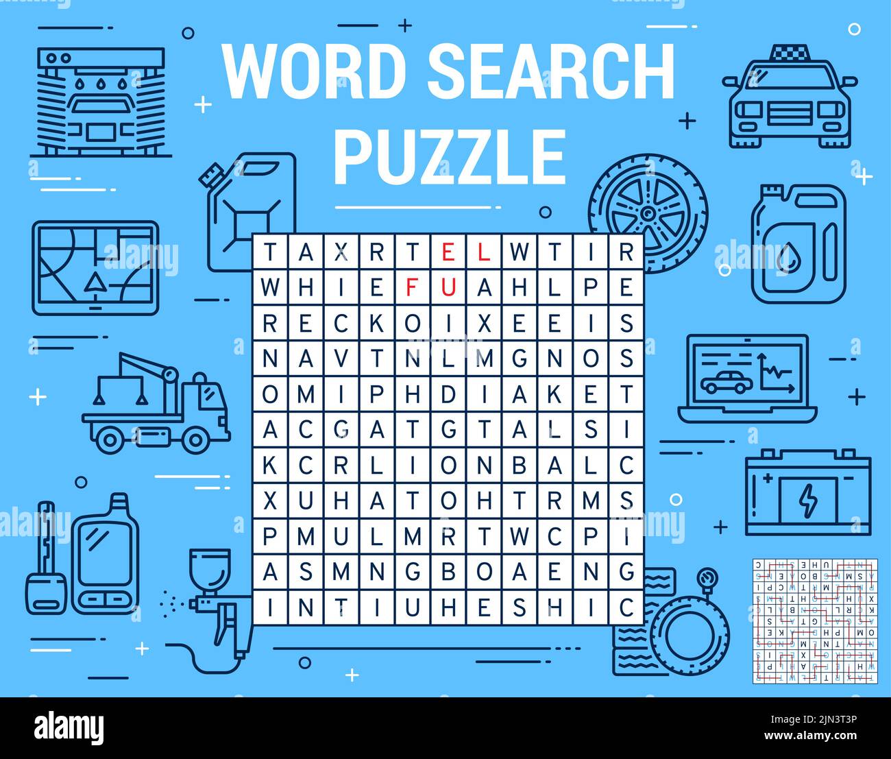 Car spare parts and garage station. Word search puzzle game worksheet