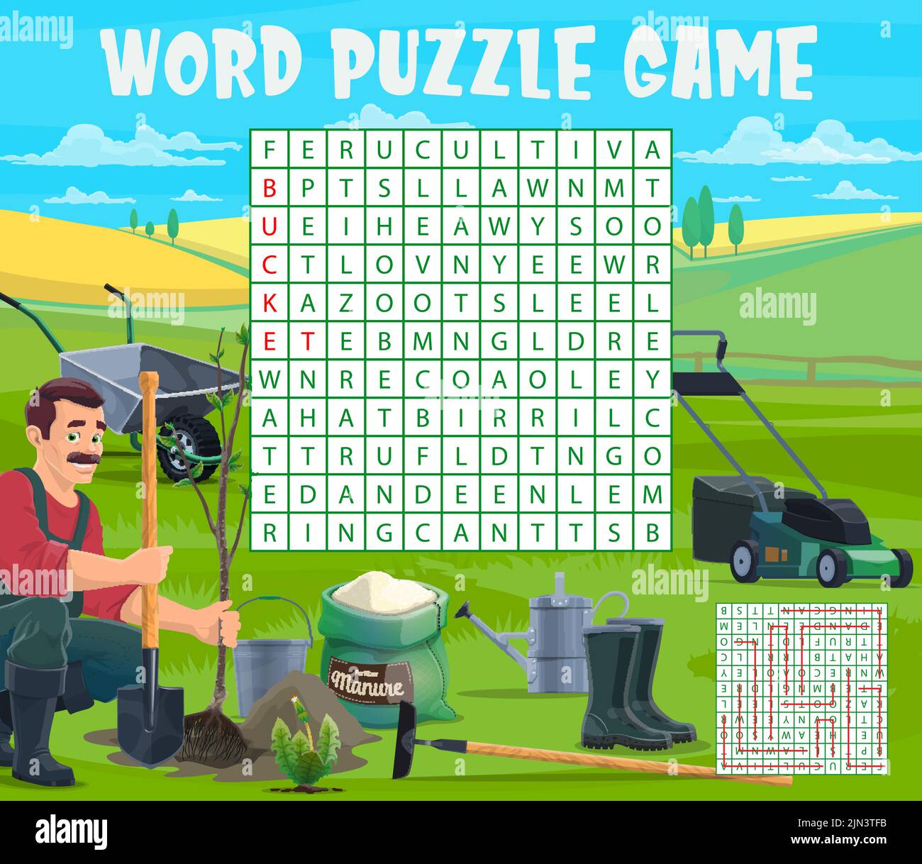 Farmer tools and equipment. Word search puzzle game worksheet
