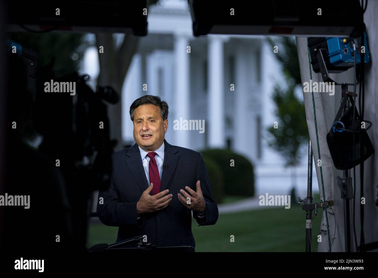 Washington, United States. 08th Aug, 2022. Ron Klain, White House chief of staff, speaks during a television interview on the North Lawn of the White House in Washington, DC on Monday, August 8, 2022. Biden resumed official travel today for the first time since his bout with Covid-19, traveling to Kentucky to show federal support for the state's recovery from historic flooding and to console survivors of the devastation. Photo by Al Drago/UPI Credit: UPI/Alamy Live News Stock Photo