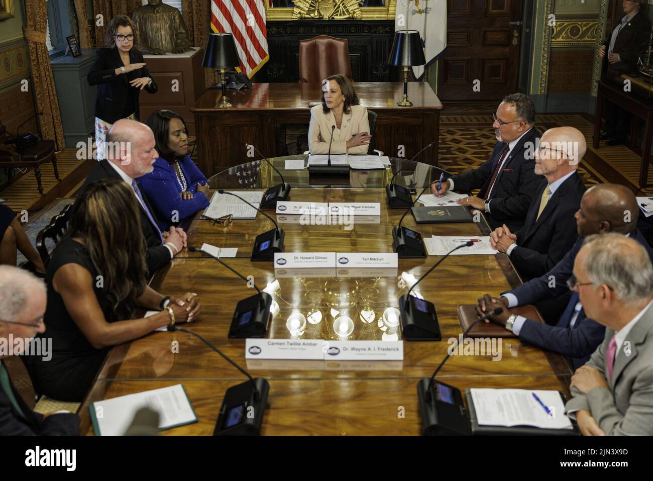 Washington, United States. 08th Aug, 2022. U.S. Vice President Kamala Harris listens while meeting with university and college presidents on access to reproductive health care in the Vice President's Ceremonial Office in Washington, DC, US, on Monday, Aug. 8, 2022. Democrats are banking on the Supreme Court's decision to push voters angry over new abortion restrictions to the polls in November to help stave off midterm losses that could cost the party control of the House and Senate. Photo by Samuel Corum/UPI Credit: UPI/Alamy Live News Stock Photo