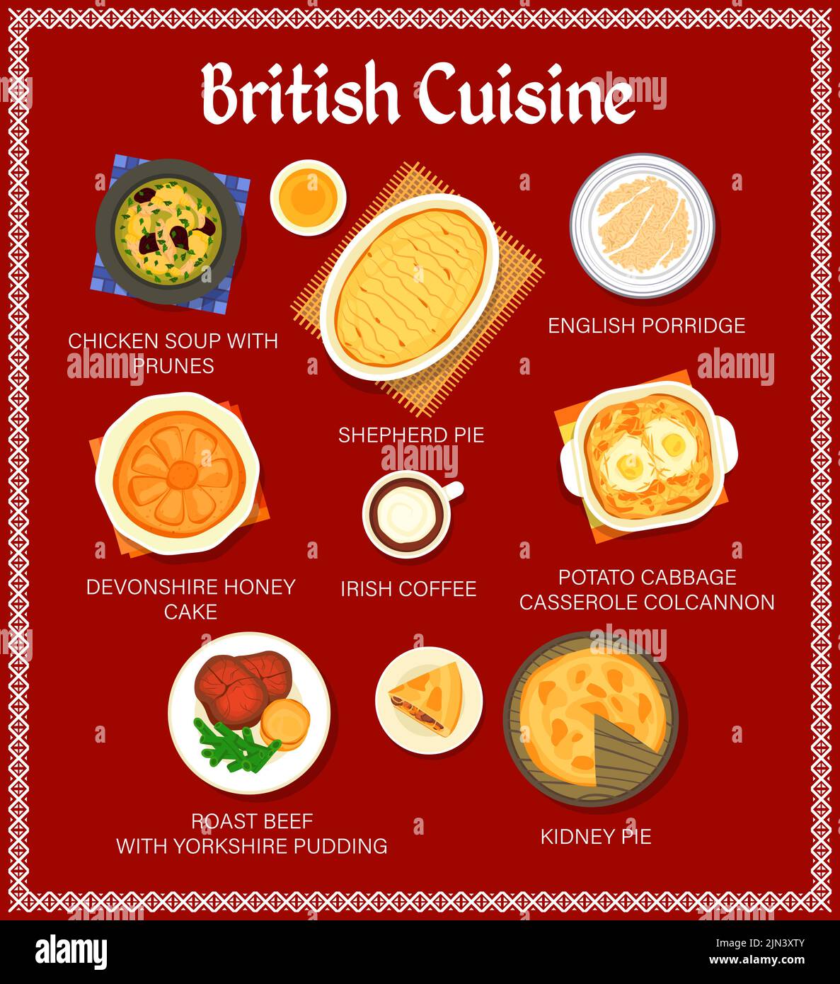 British food cuisine menu, dishes for lunch and restaurant meals, vector poster. Traditional English breakfast porridge and pudding, dinner roast beef and Irish coffee with honey cake and kidney pie Stock Vector