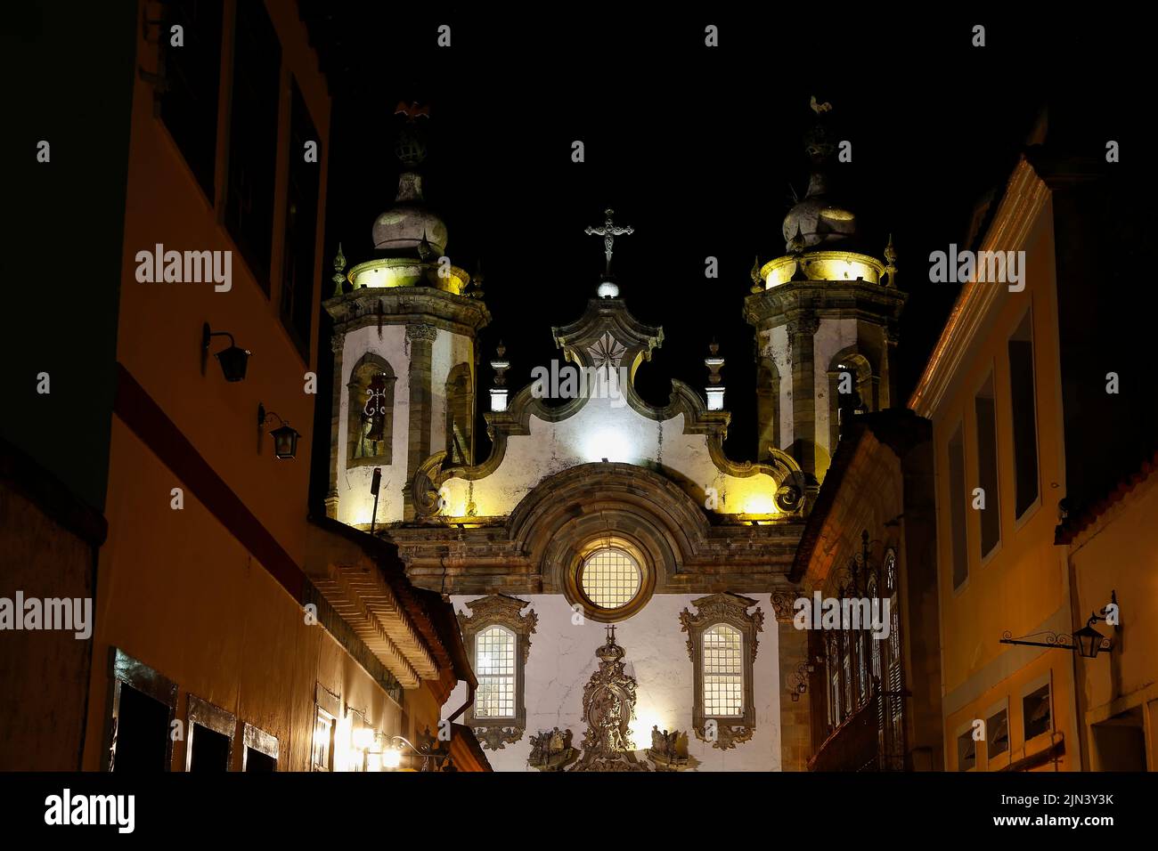 night view of the facade of the church of Our Lady of Carmel in the city of Sao Joao del-Rei in Minas Gerais - frontispiece baroque church in Minas Ge Stock Photo